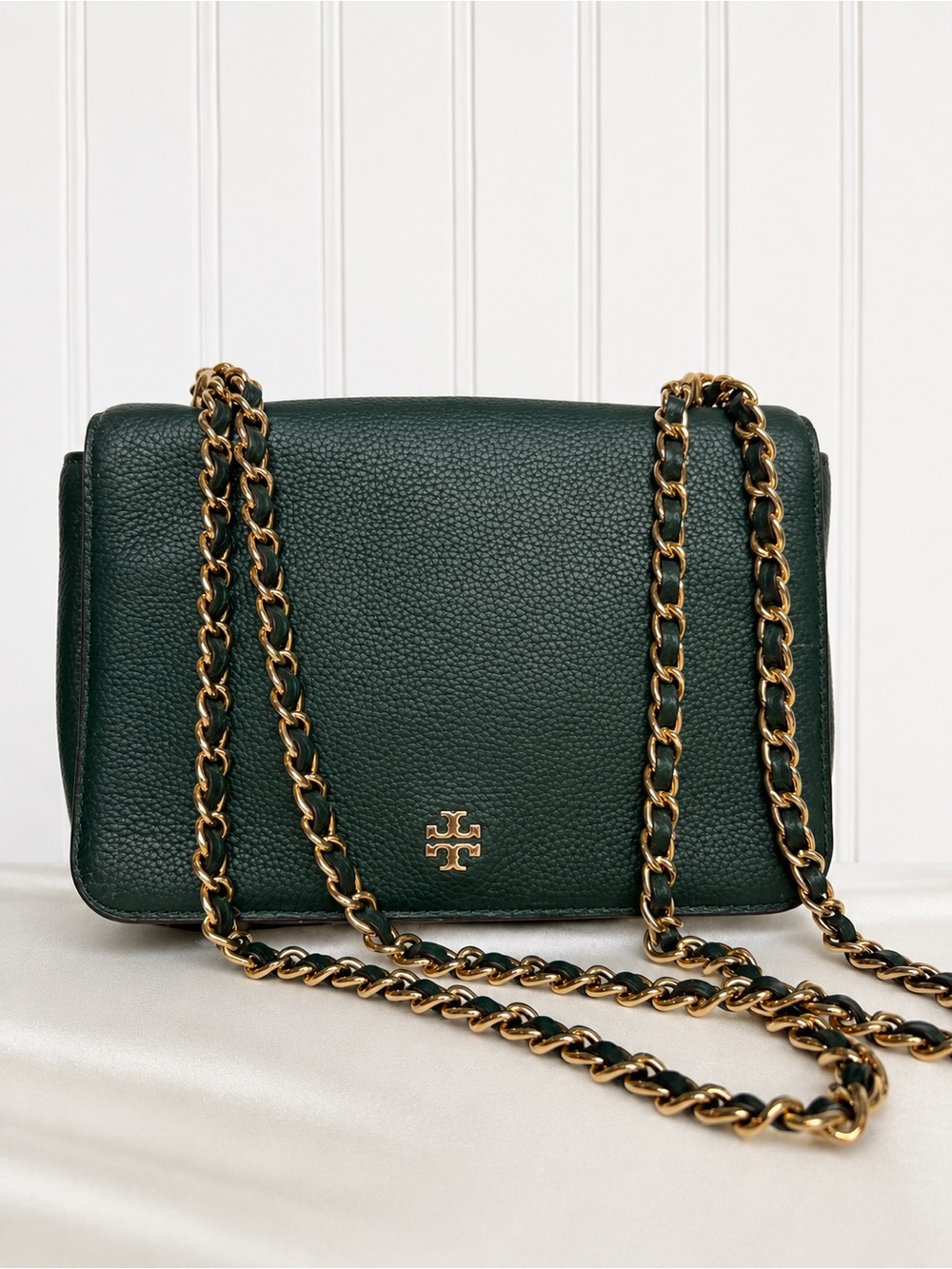 Tory Burch Miller Forest Green Pebbled Leather Chain Shoulder Bag 2019